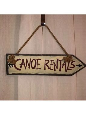 Hand Painted Hanging on Twisted Burlap “Canoe Rentals” Arrow Sign
